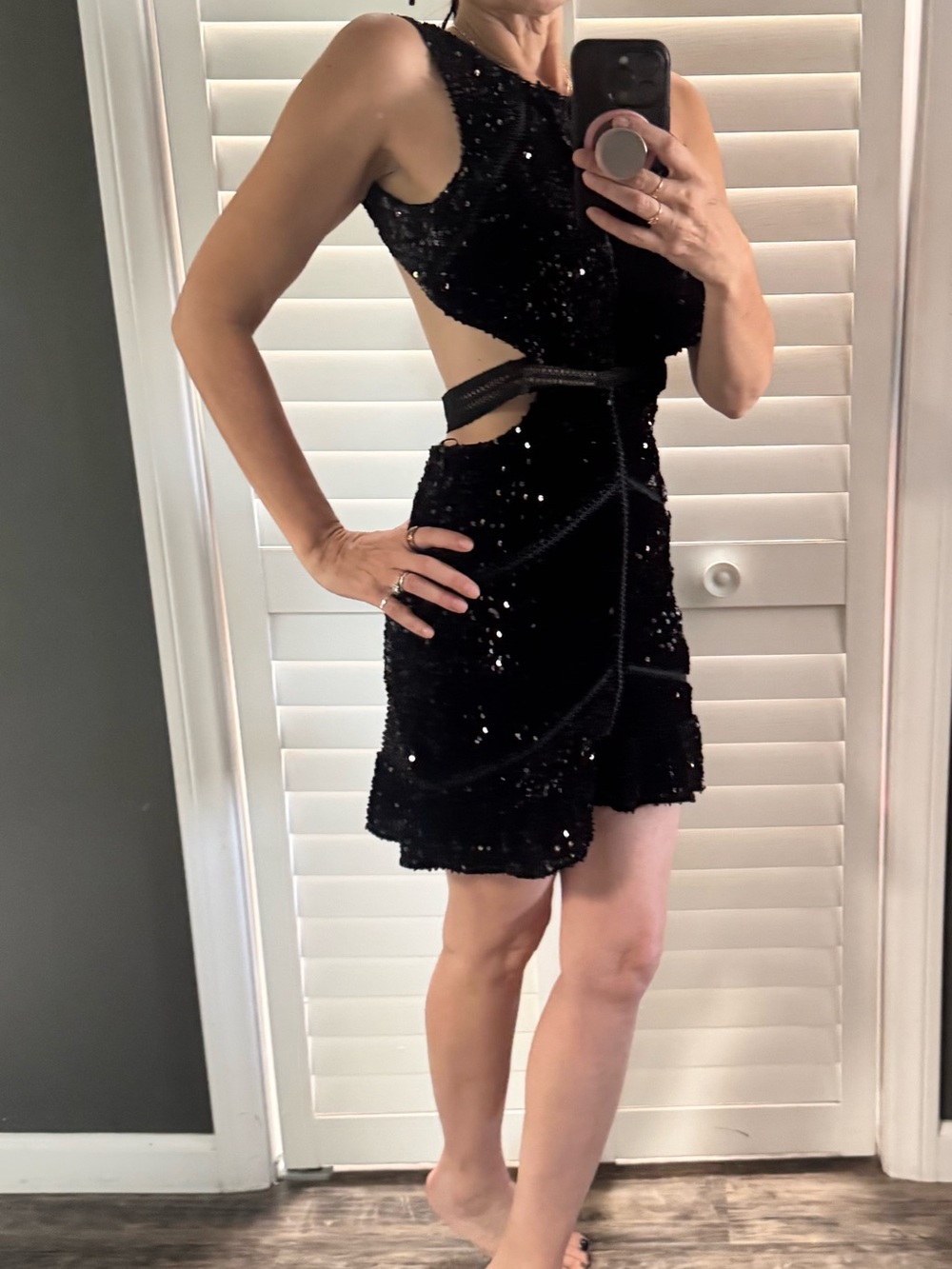 Olivaceous Black Sequin Cutout Mini Dress